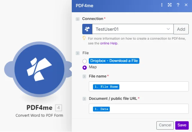 Das PDF4me-Modul „Word in PDF konvertieren“ zeigt die Verbindung, den im vorherigen Schritt zugeordneten Dateinamen und das Dokumentbinärfeld an.